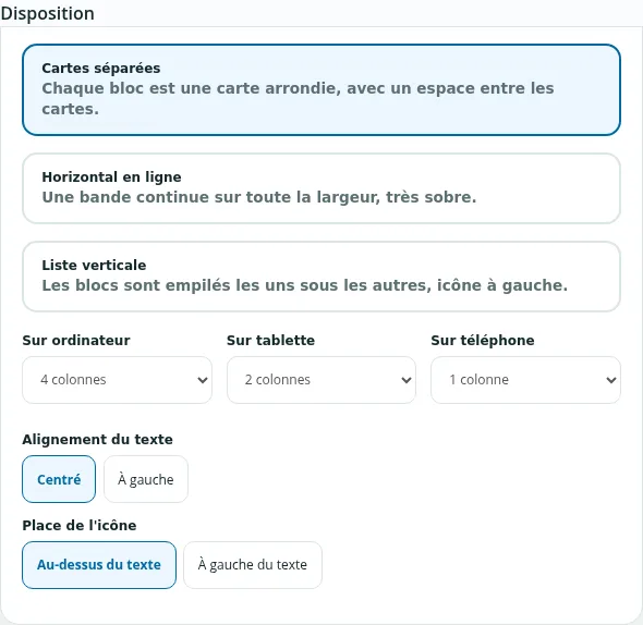 Carte « Disposition » : type de présentation, colonnes par écran, alignement et place de l'icône