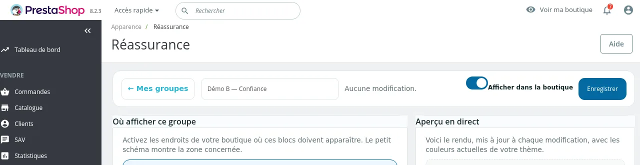 Barre de l'éditeur : retour à la liste, nom du groupe, état de l'enregistrement, interrupteur d'affichage et bouton Enregistrer