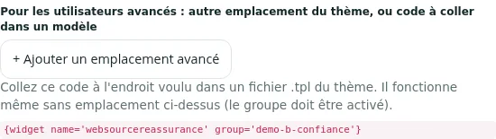 Volet « Pour les utilisateurs avancés » : emplacement libre et code à coller dans un modèle du thème