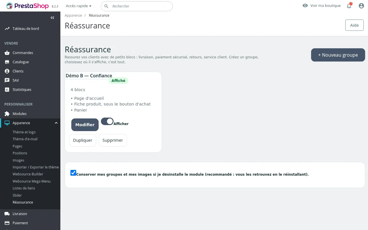 Liste des groupes de réassurance avec leur état et leurs emplacements