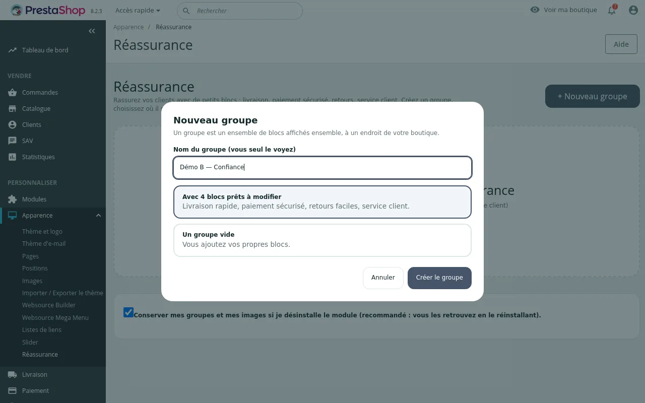 Fenêtre « Nouveau groupe » : nom du groupe et choix entre quatre blocs de départ ou un groupe vide