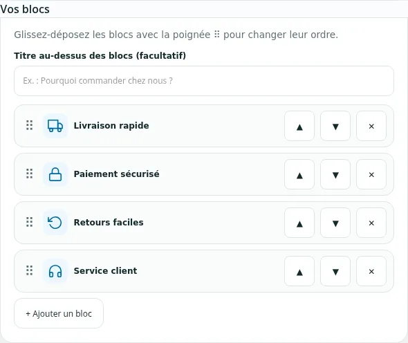 Carte « Vos blocs » : titre facultatif au-dessus des blocs et liste des blocs à réordonner
