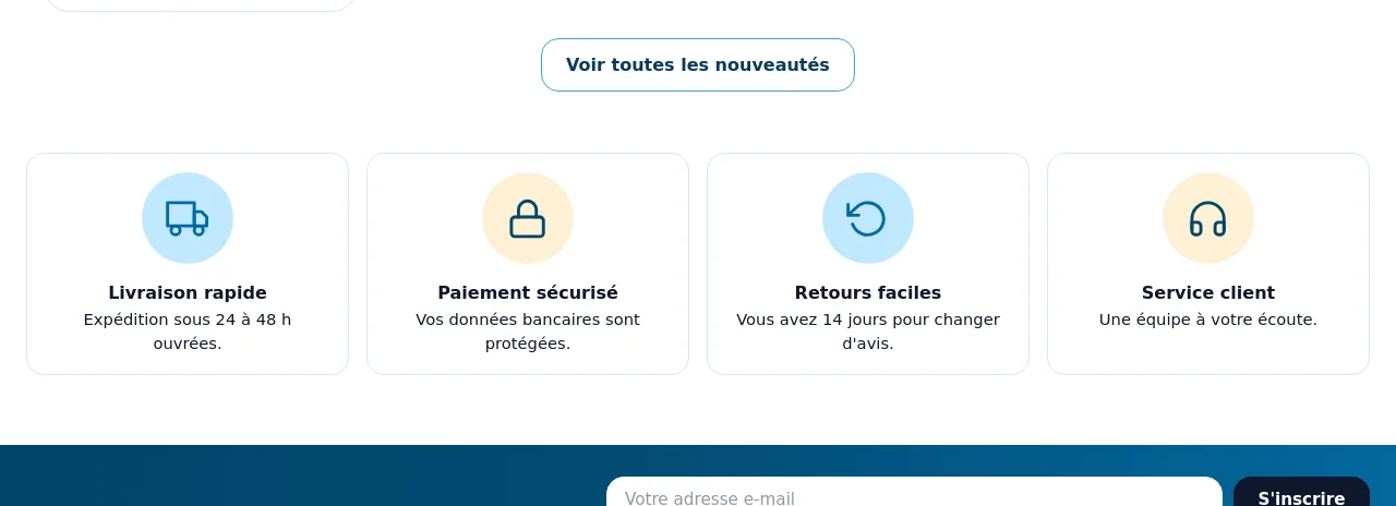 Blocs de réassurance affichés sur la page d'accueil de la boutique