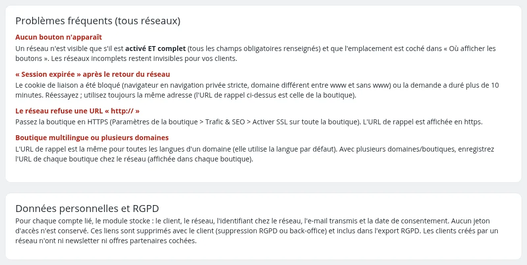 Problèmes fréquents et rappel sur les données personnelles