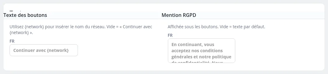 Texte des boutons et mention RGPD, par langue
