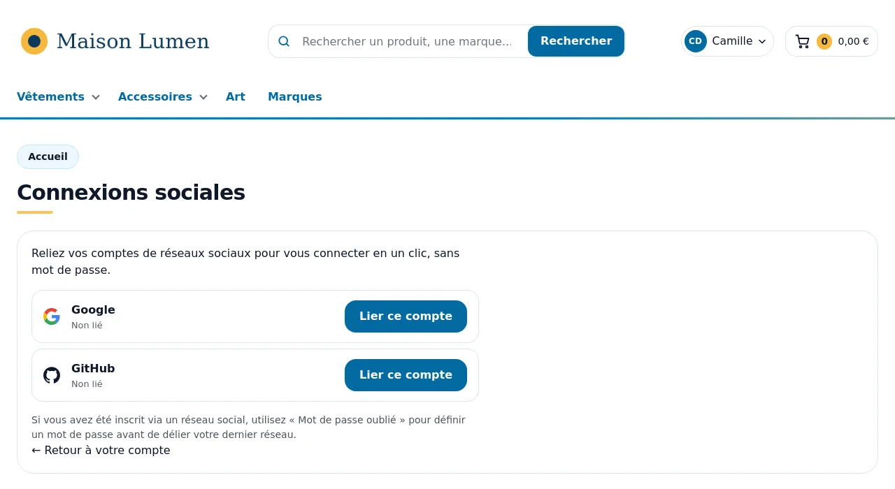 Page « Connexions sociales » du compte client