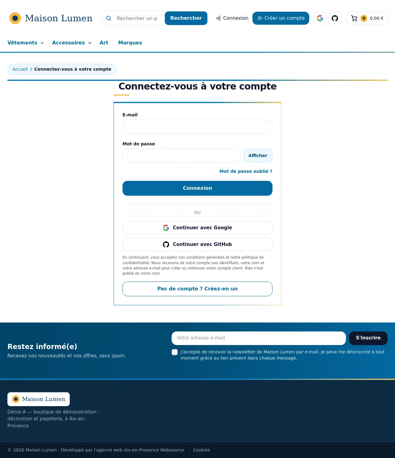 Page de connexion avec les boutons « Continuer avec Google » et « Continuer avec GitHub »