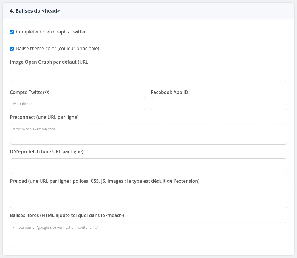 Carte « 4. Balises du head » : Open Graph, theme-color, preconnect, preload et balises libres