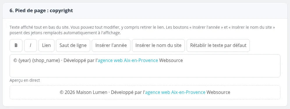 Carte « 6. Pied de page : copyright » : barre d'outils, texte avec jetons et aperçu en direct