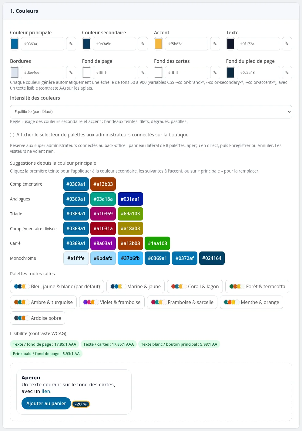 Carte « 1. Couleurs » : couleur principale, secondaire, accent, texte, bordures, fonds, intensité, suggestions d'harmonies, palettes toutes faites et contrôle de lisibilité