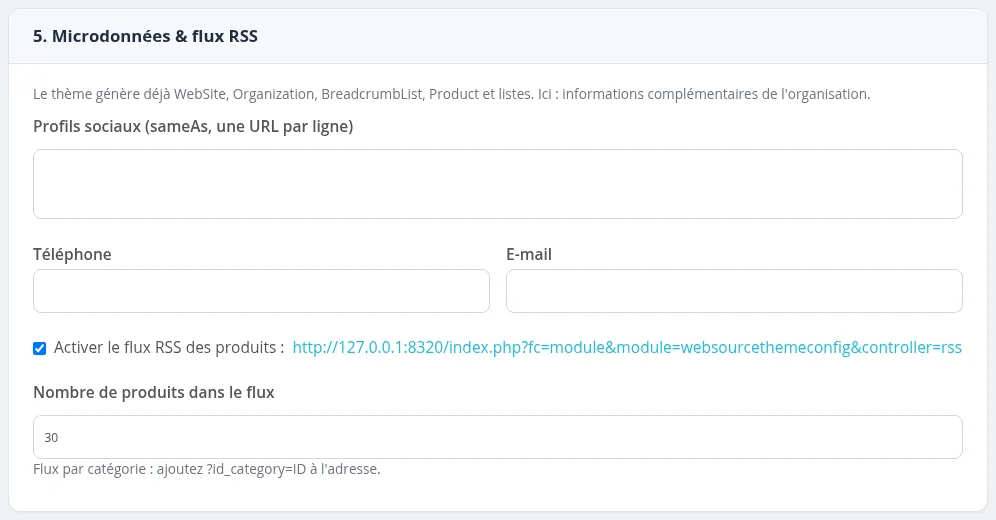 Carte « 5. Microdonnées & flux RSS » : profils sociaux, téléphone, e-mail, activation et taille du flux