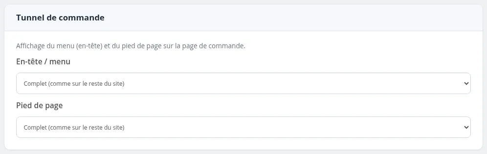 Carte « Tunnel de commande » : en-tête et pied de page de la page de commande