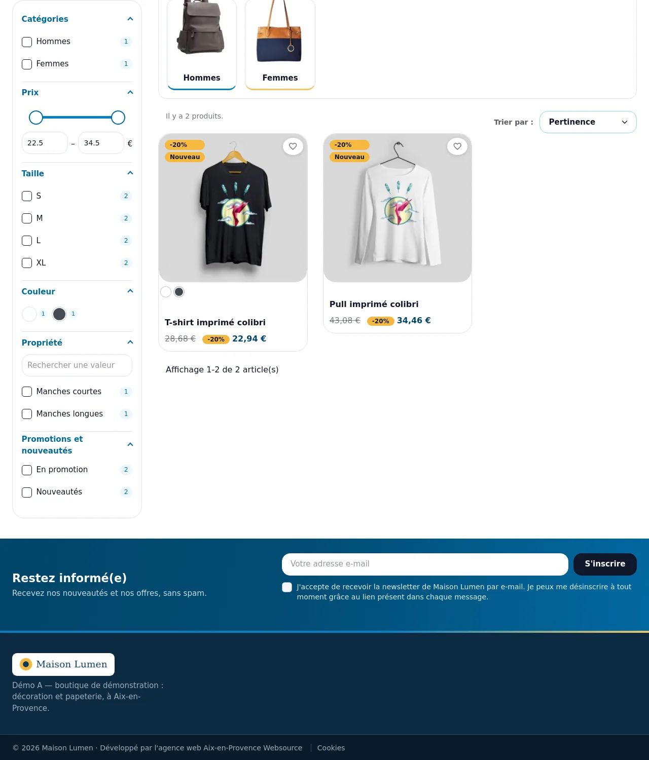 Liste de produits de la boutique de test : badges « -20 % » et « Nouveau », pastilles de couleur sous la miniature