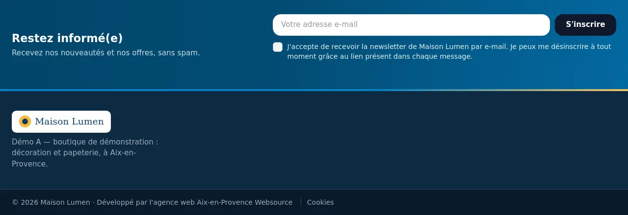 Pied de page de la boutique de test : lettre d'information, logo et description de la boutique, copyright et lien Cookies