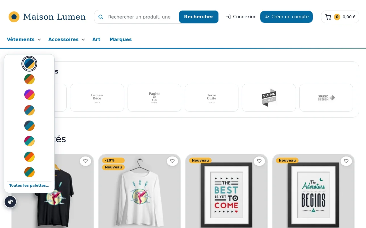 Sélecteur de palettes ouvert sur la boutique de test pour un administrateur connecté : huit pastilles de palettes et lien « Toutes les palettes… »