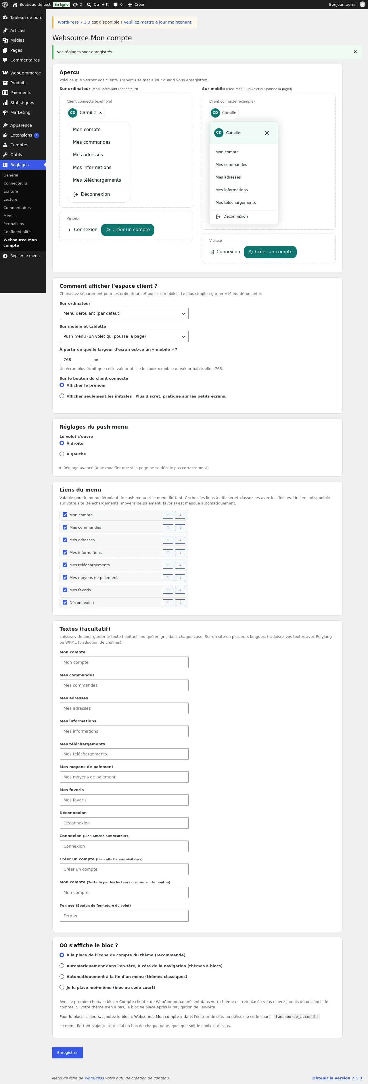 Écran de réglages de Websource Mon compte