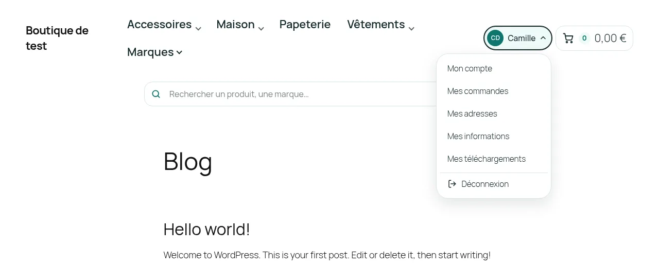 Menu déroulant du client connecté dans l'en-tête