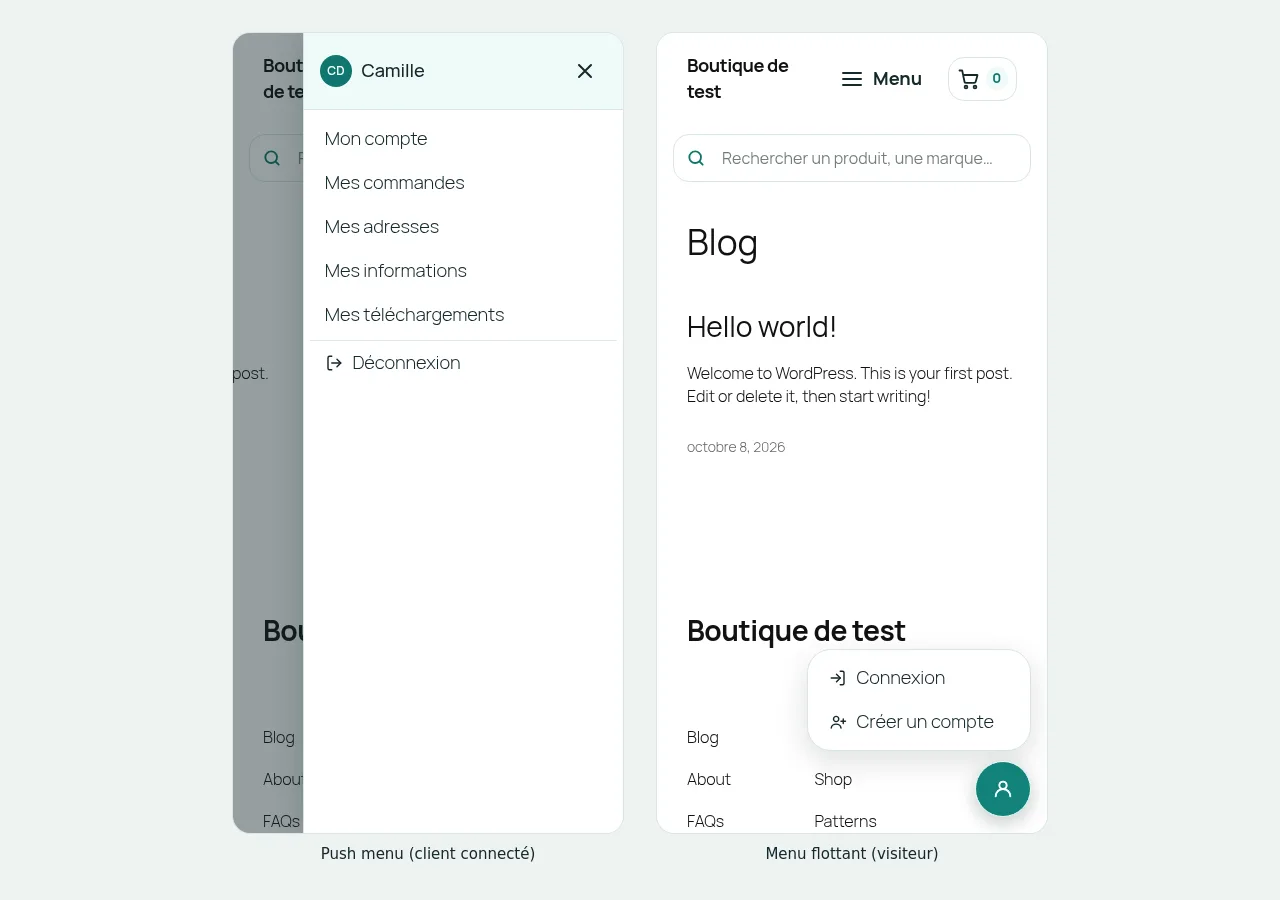 Sur mobile : le push menu d'un client connecté et le menu flottant d'un visiteur