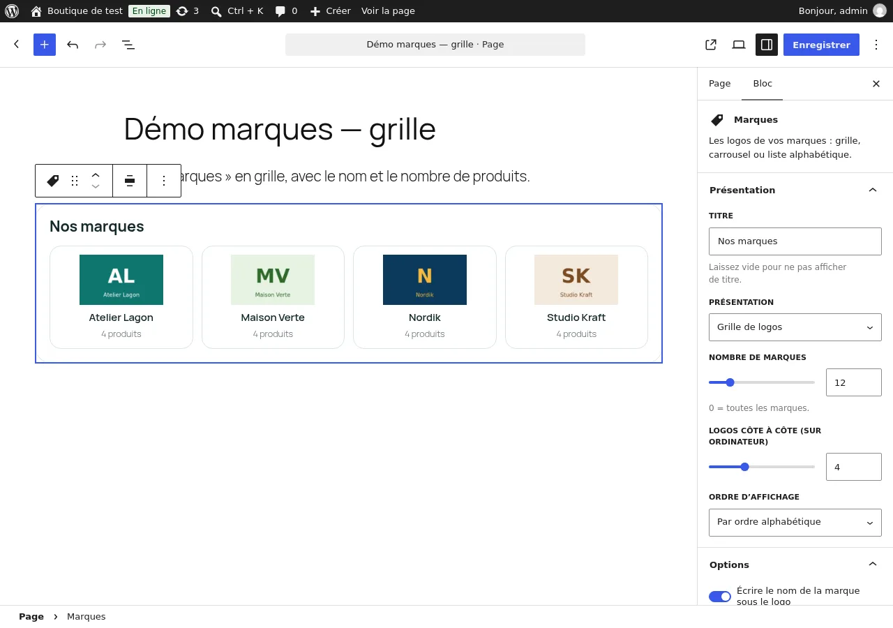 Le bloc « Marques » dans l'éditeur de WordPress