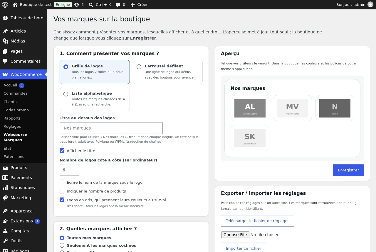 L'écran de réglages de Websource Marques avec l'aperçu à droite