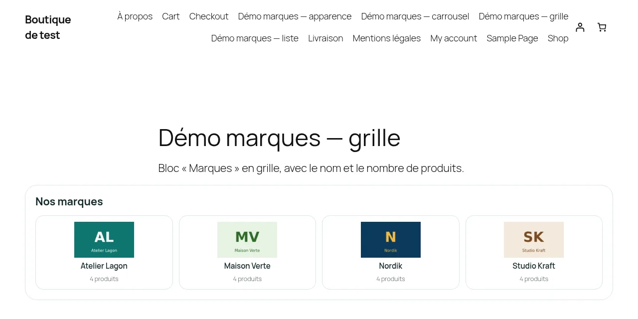 Les marques en grille, avec le nom et le nombre de produits