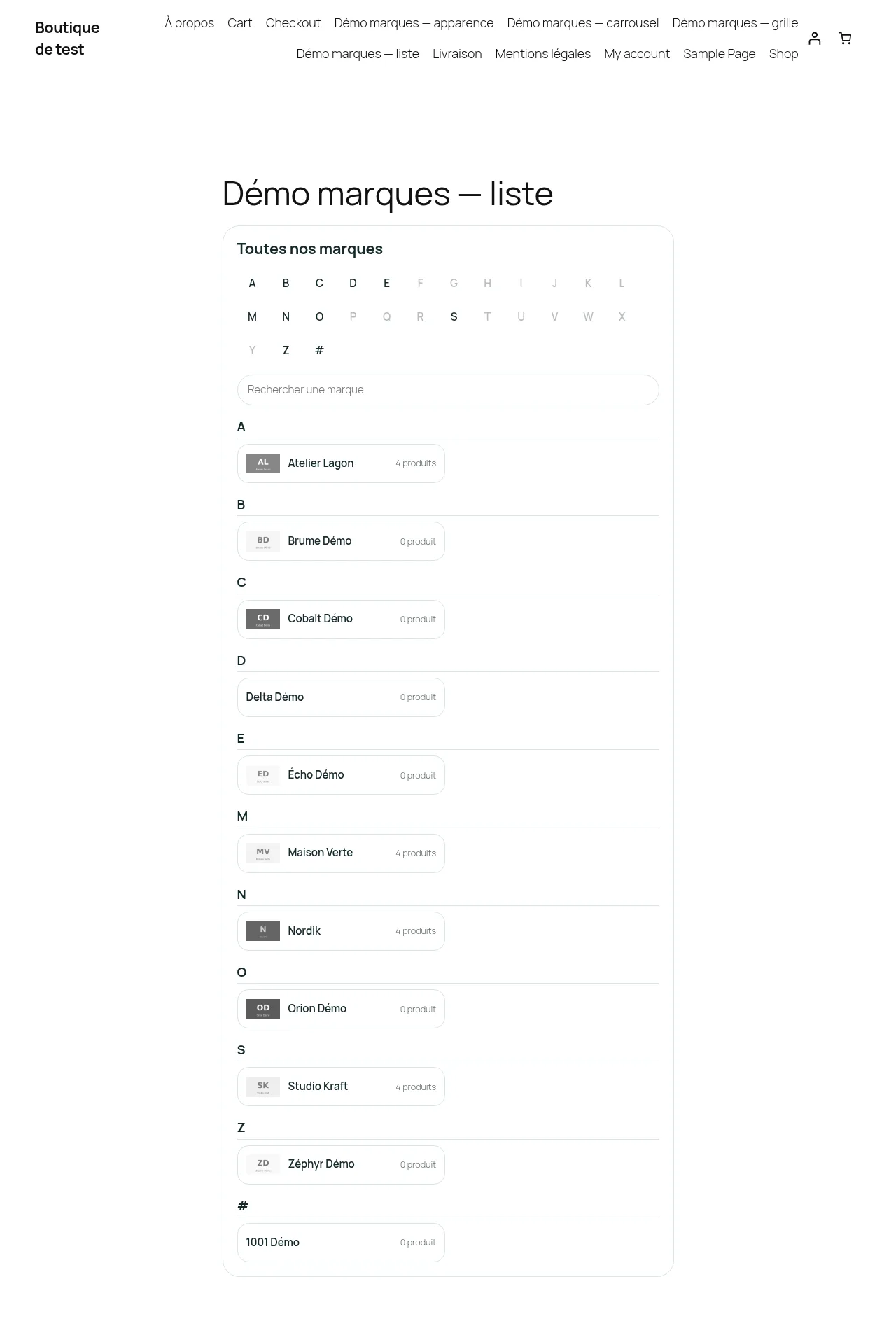 Les marques en liste alphabétique, avec la barre de lettres et la recherche