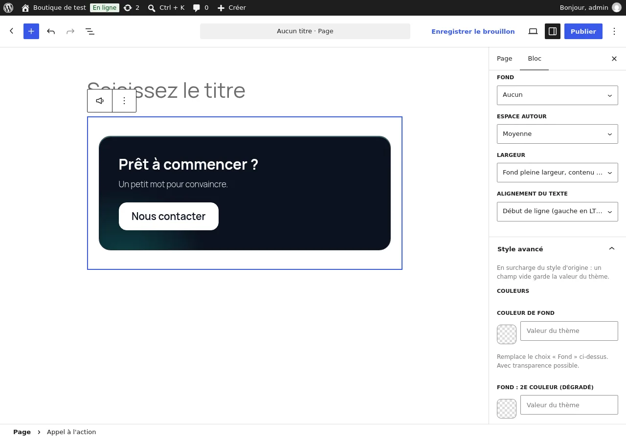Panneau Apparence et Style avancé d'un appel à l'action