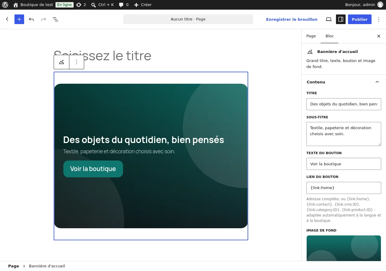 Réglages du bloc Bannière d'accueil dans l'éditeur