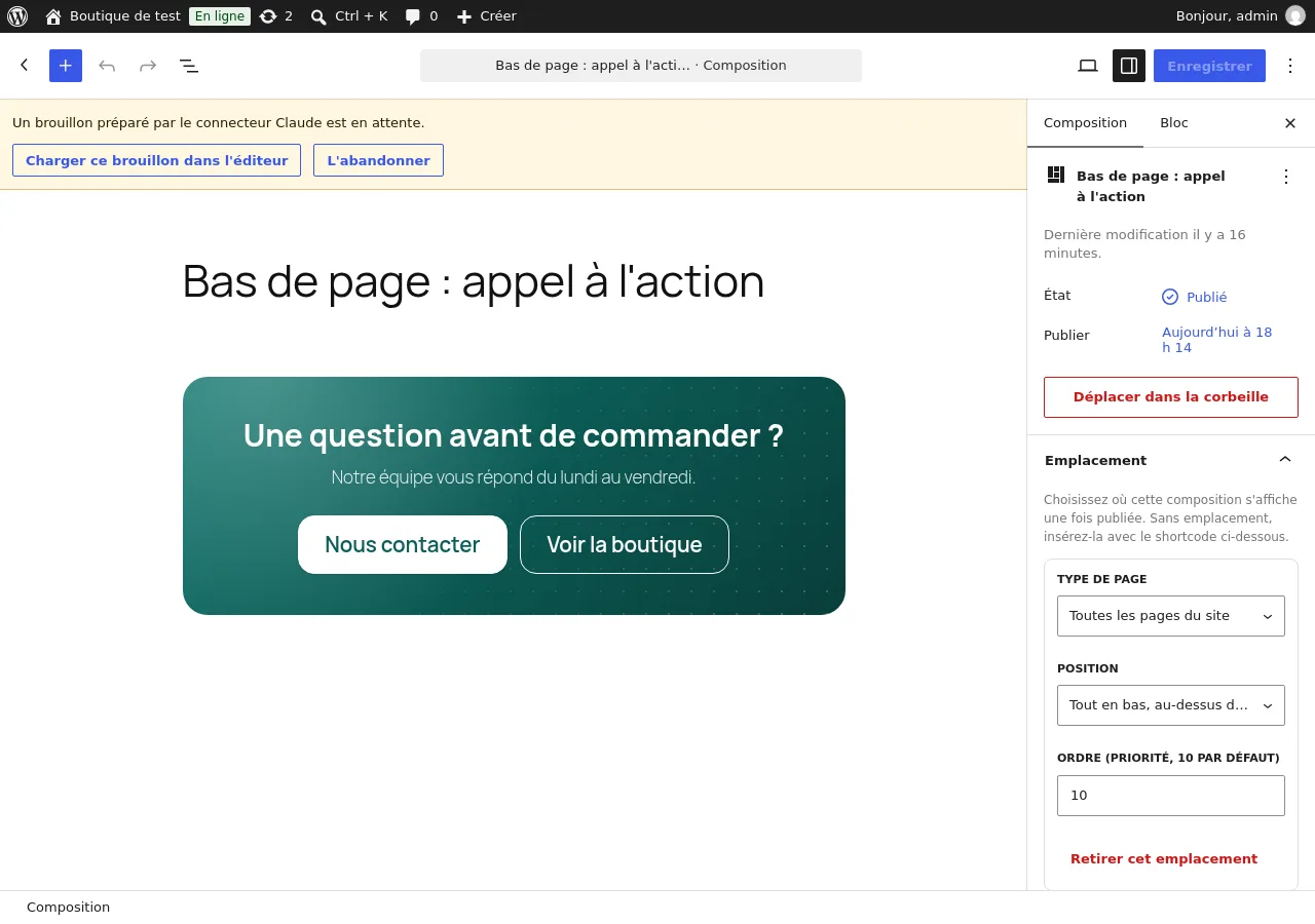 Bandeau du brouillon en attente dans l'éditeur