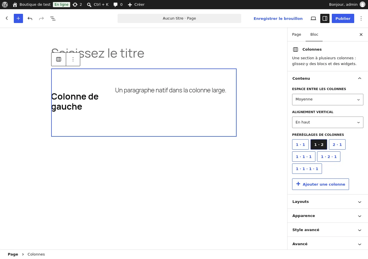 Bloc Colonnes dans l'éditeur