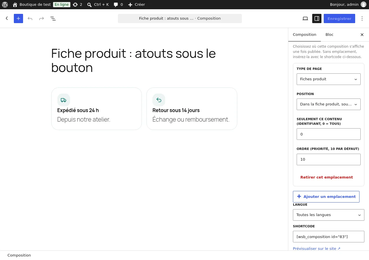Panneau Composition : type de page, position, ordre, langue et shortcode
