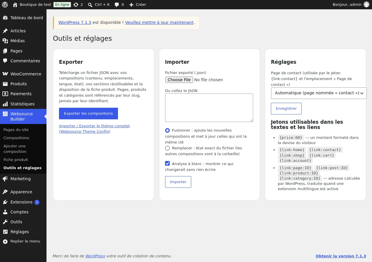 Écran Outils et réglages