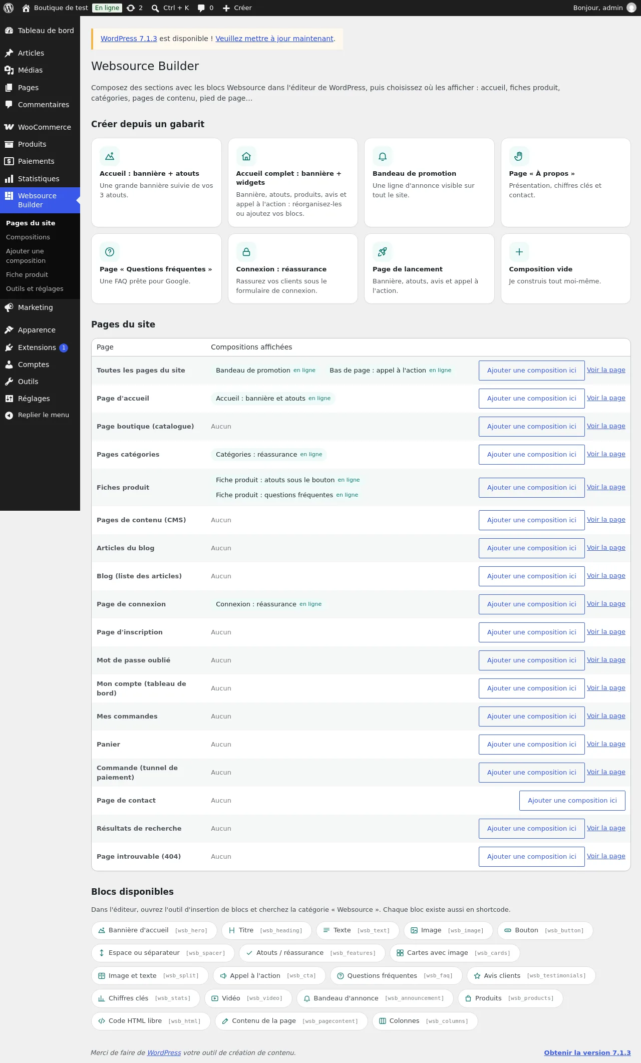 Tableau de bord « Pages du site » avec les gabarits et la liste des pages