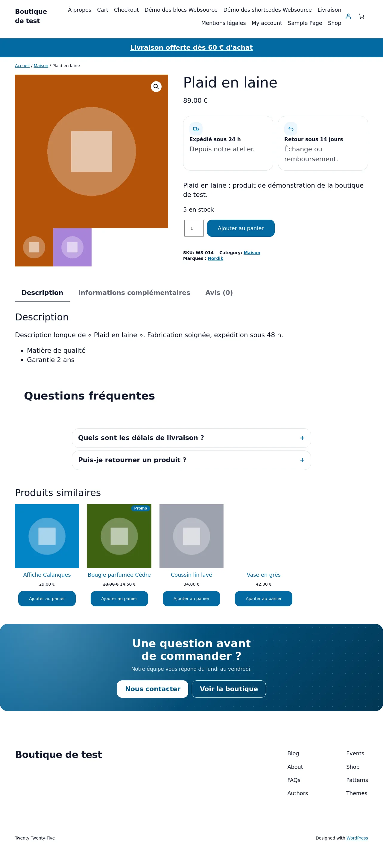 Fiche produit sur le site avec les compositions