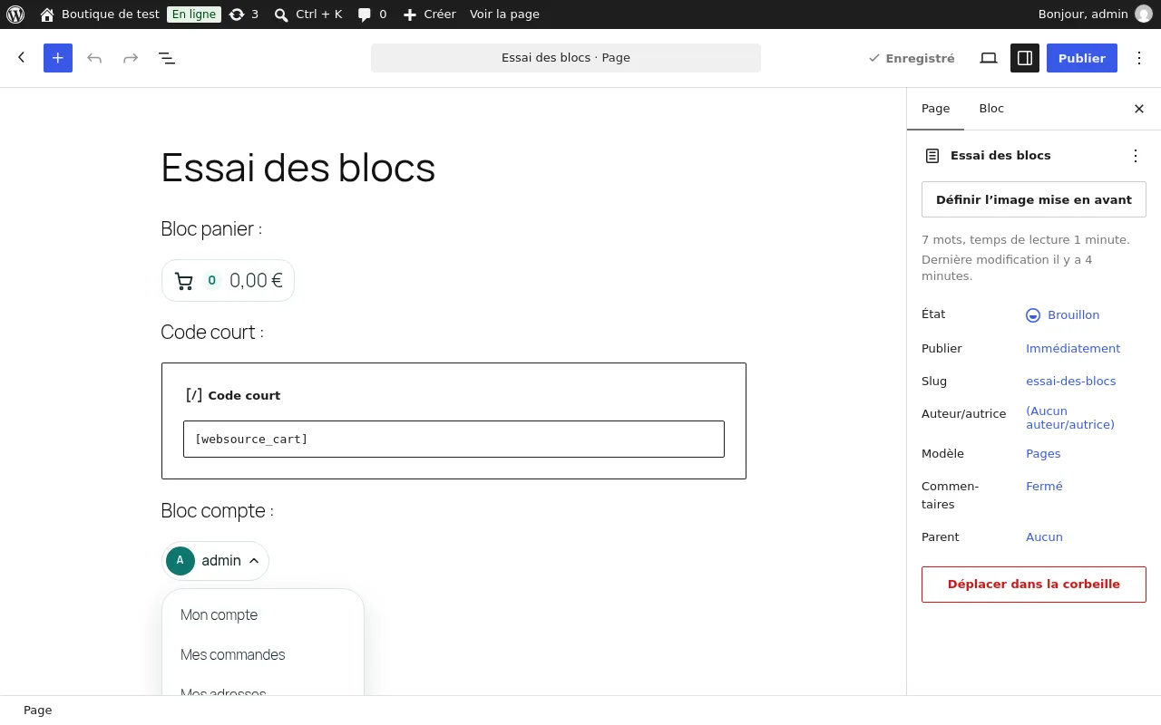 Bloc Websource Panier dans l'éditeur de WordPress