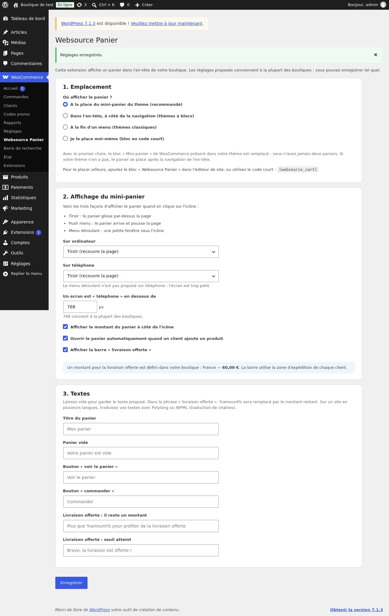 Écran de réglages de Websource Panier