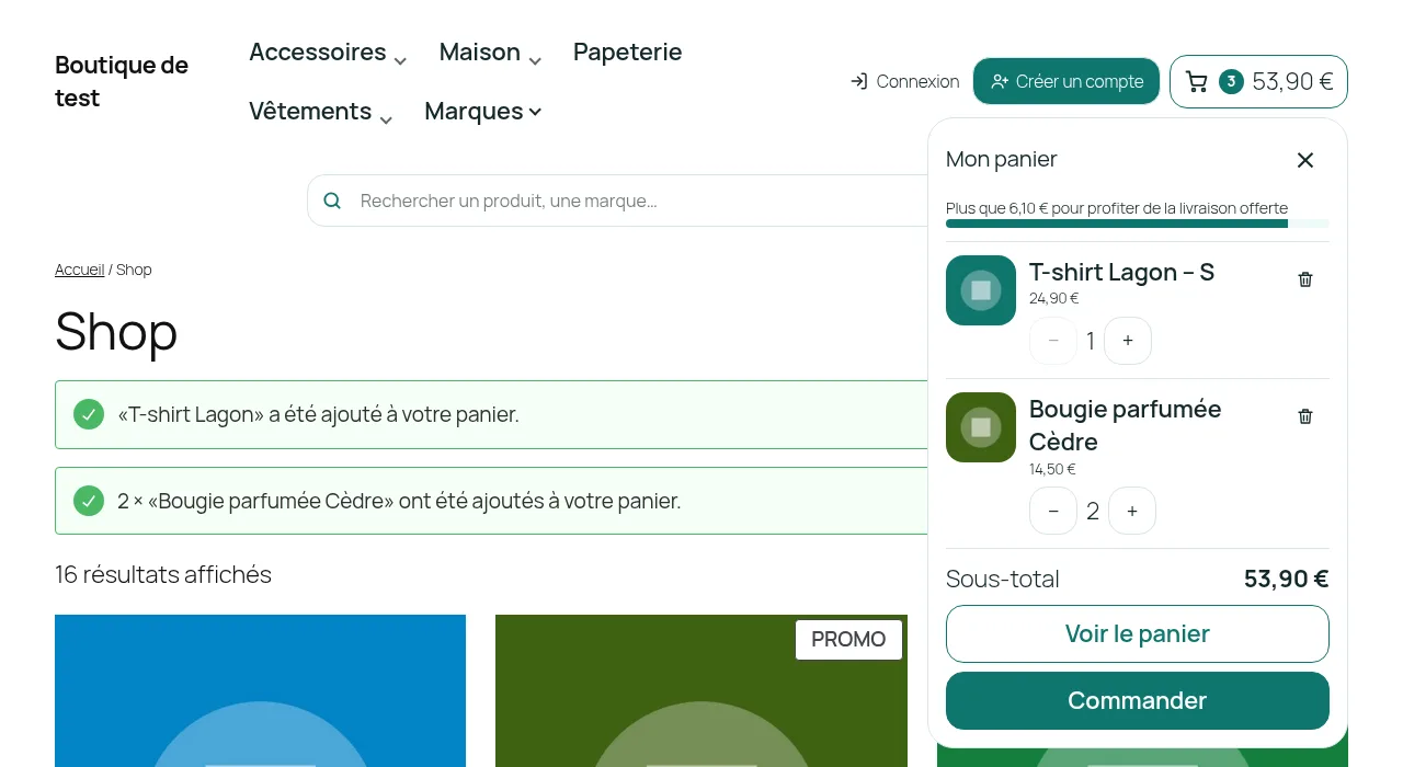 Mini-panier en menu déroulant sous le bouton