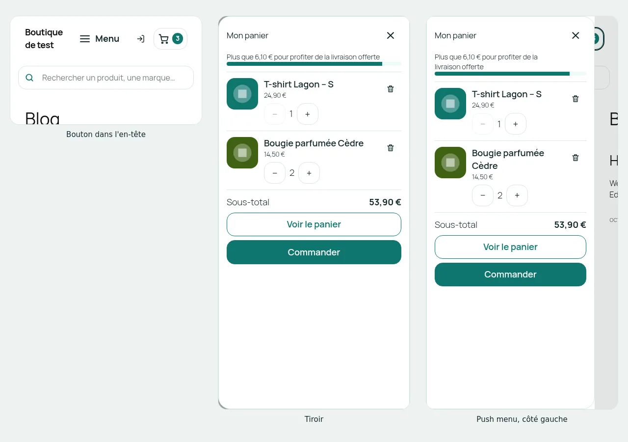Sur téléphone : le bouton dans l'en-tête, le tiroir et le push menu