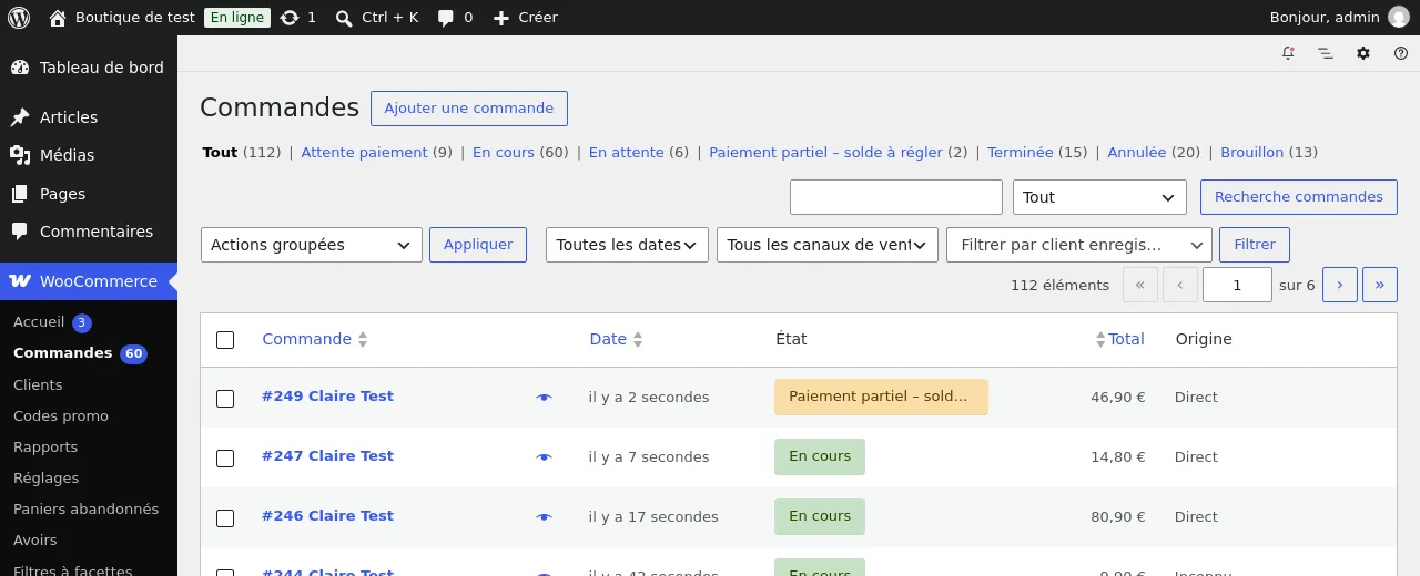 La liste des commandes avec l'état Paiement partiel – solde à régler