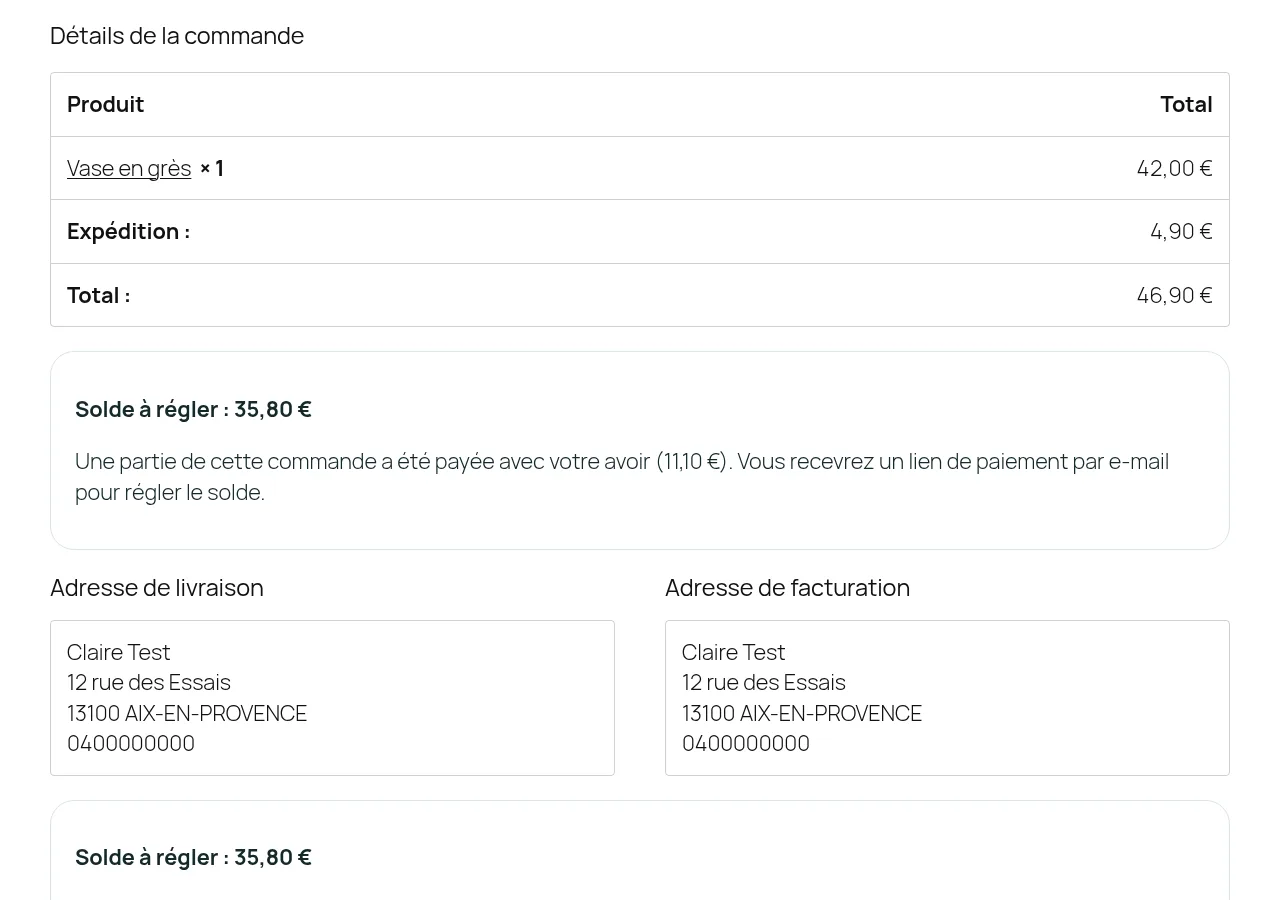 La confirmation de commande avec le solde à régler