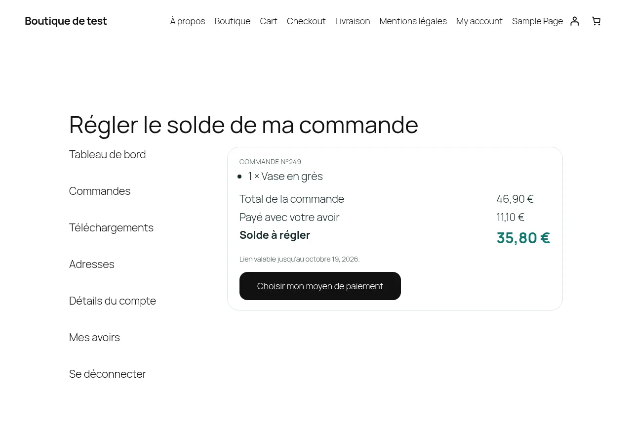 La page du lien de paiement