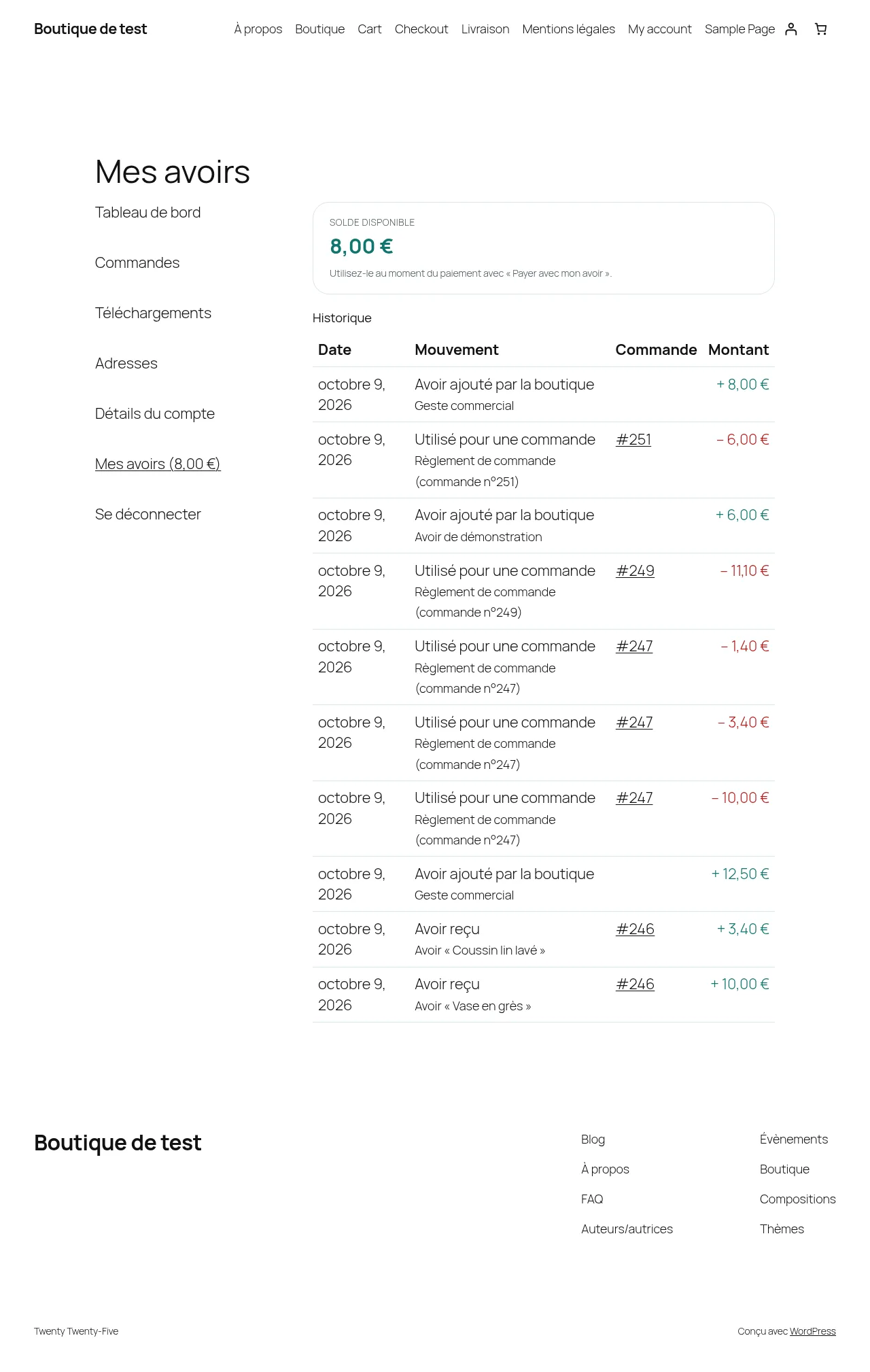 La page Mes avoirs dans le compte du client