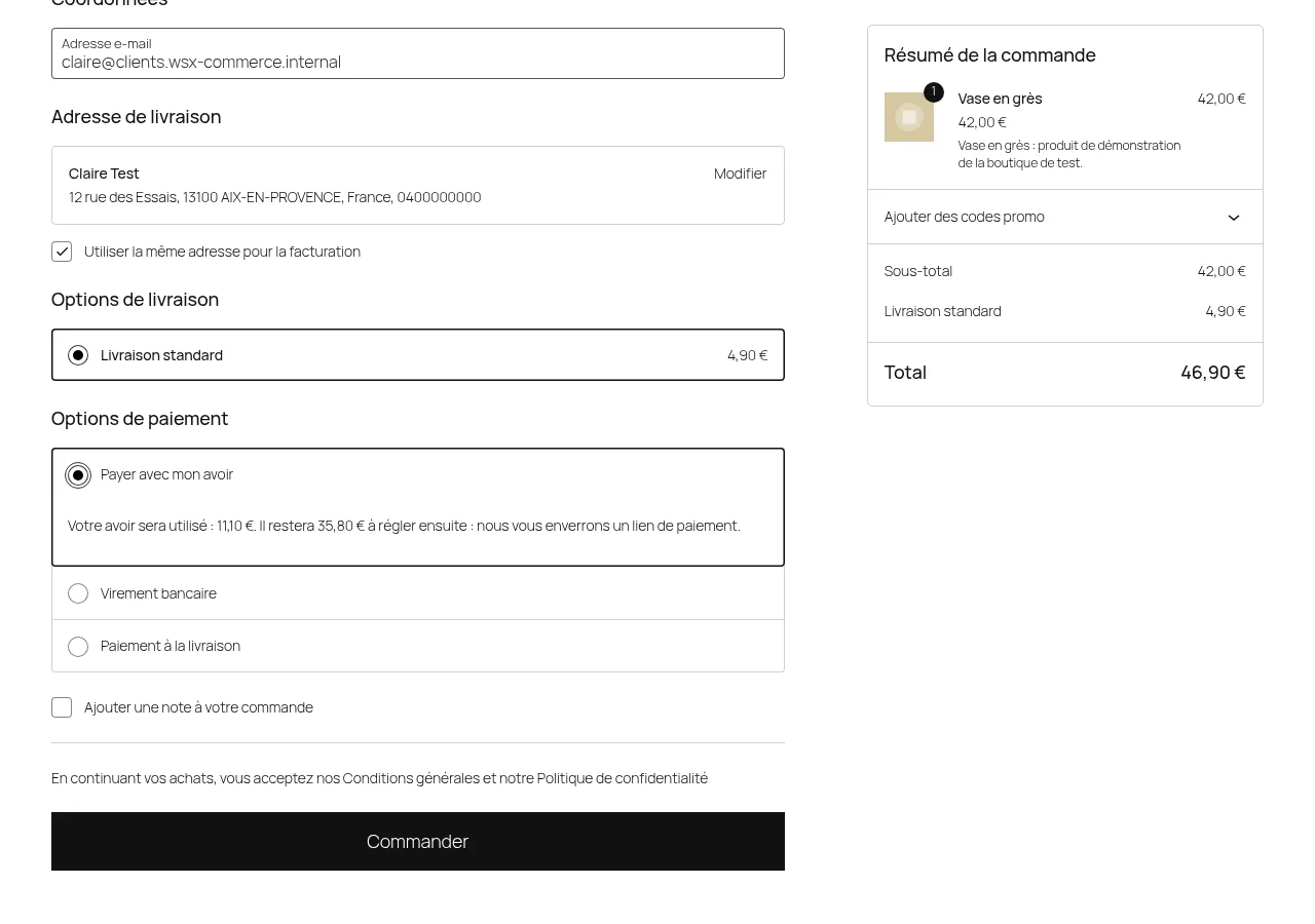 Payer avec mon avoir sur la page de commande par blocs, avec un solde à régler