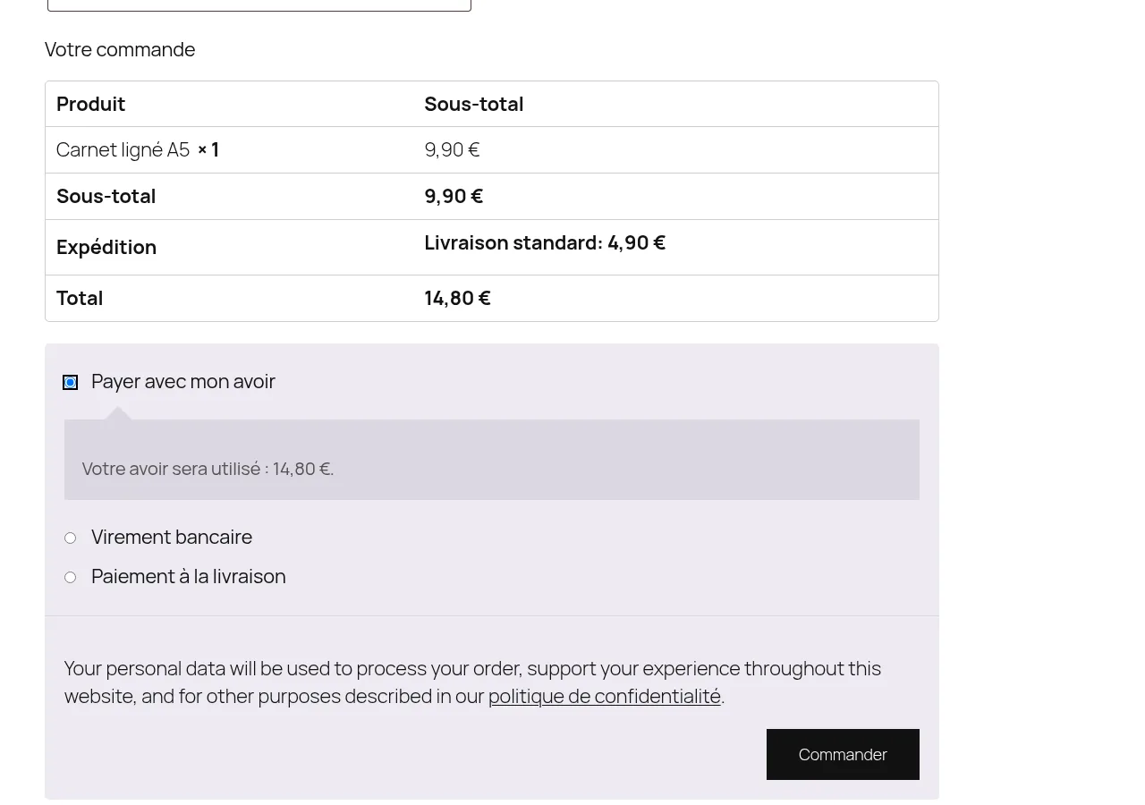 Payer avec mon avoir sur la page de commande classique
