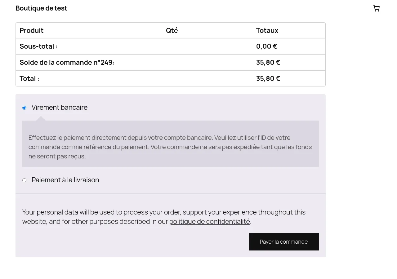 Le règlement du solde avec les moyens de paiement de la boutique