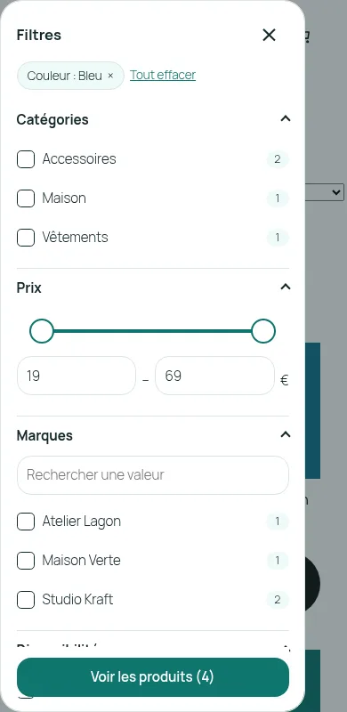 Le tiroir des filtres sur mobile