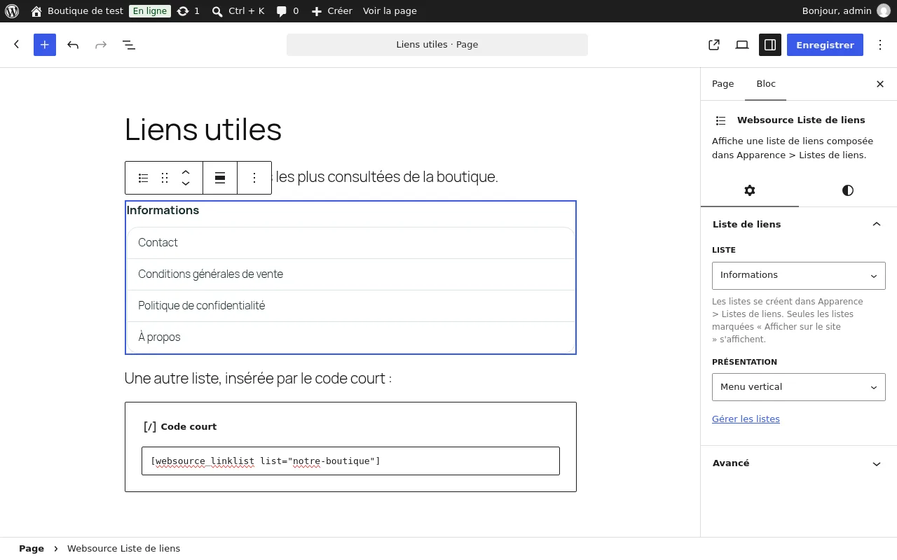 Bloc Websource Liste de liens dans l'éditeur, avec son panneau de réglages