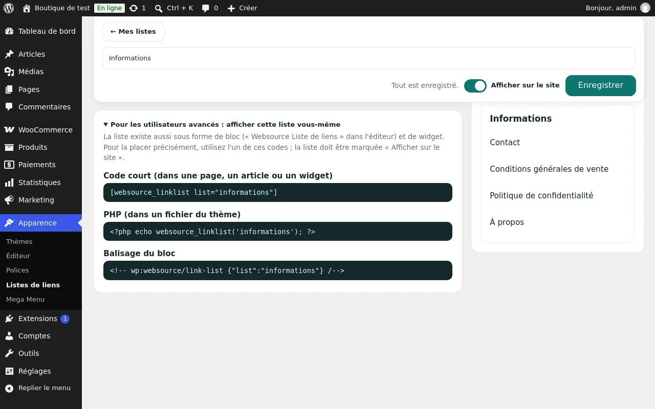 Volet « Pour les utilisateurs avancés » : code court, PHP et balisage du bloc