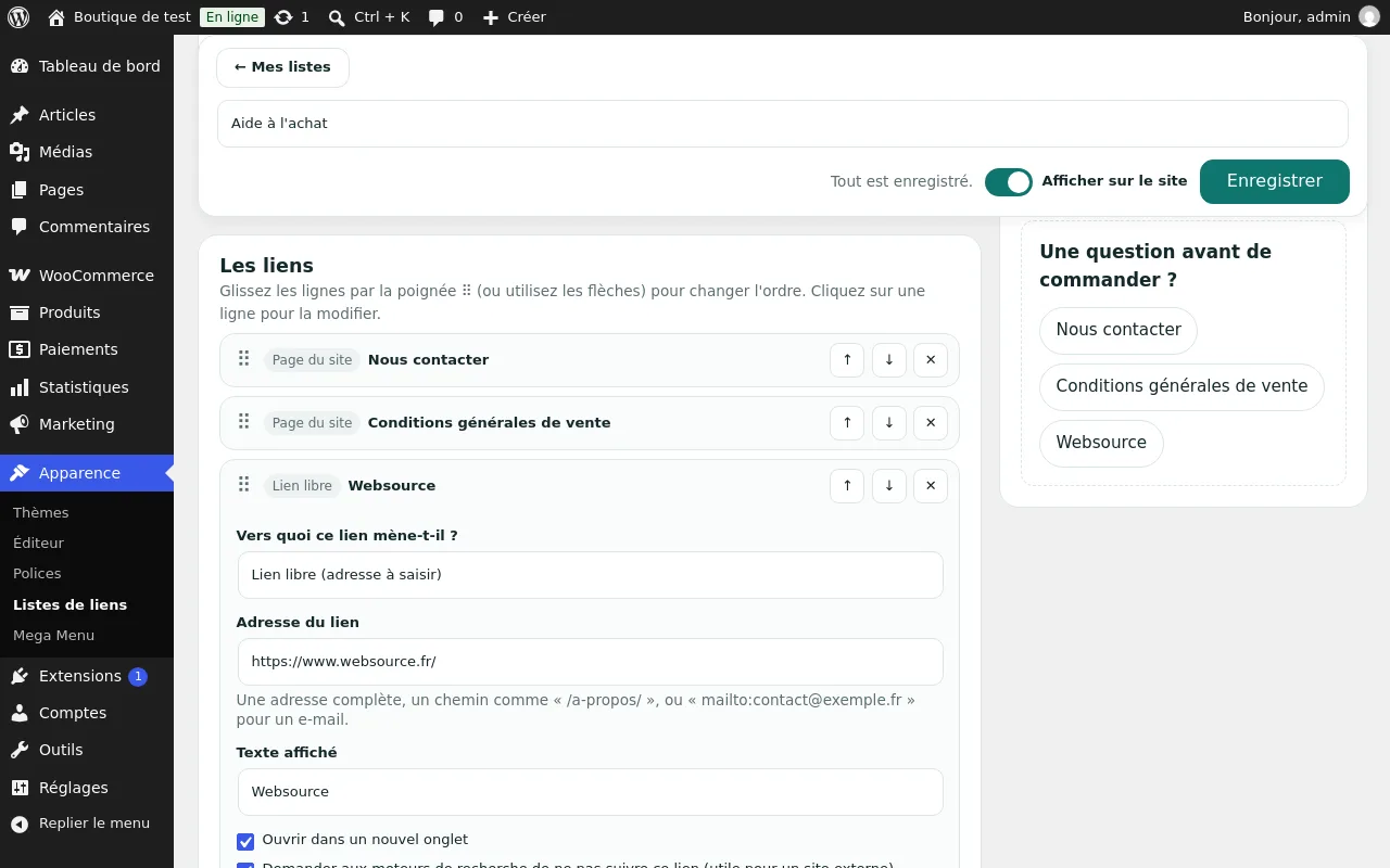 Ligne d'un lien libre ouverte : adresse, texte affiché, options