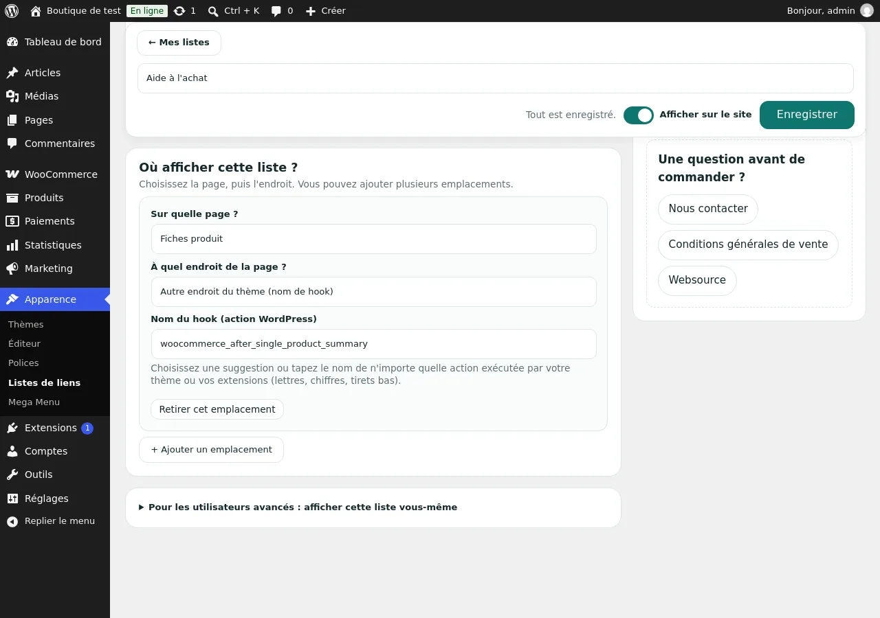 Emplacement d'une liste : Fiches produit, autre endroit du thème, nom du hook